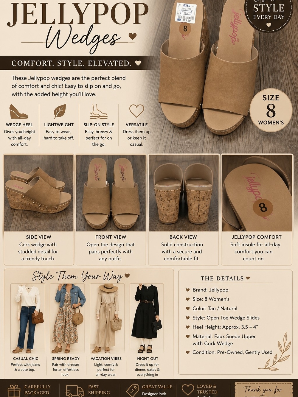 Jellypop Tan Open-Toe Wedge Slides - Size 8